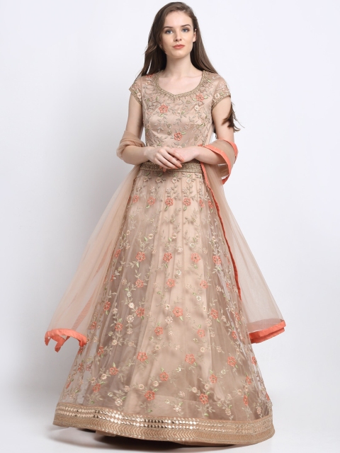 Stylee LIFESTYLE Beige & Pink Net Semi-Stitched Dress Material