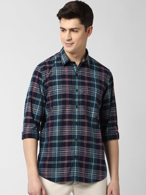 Peter England Casuals Men Navy Blue & Sea Green Regular Fit Checked Cotton Casual Shirt