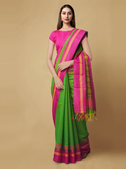 Unnati Silks Green Solid Chanderi Saree