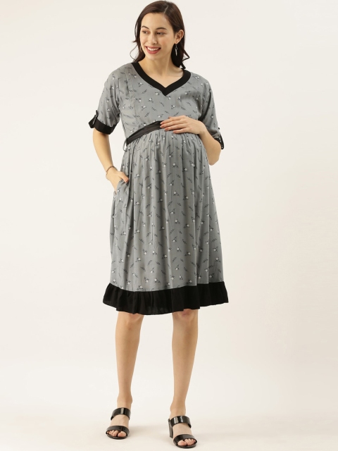 GOLDSTROMS Women Grey Printed A-Line Maternity Dress