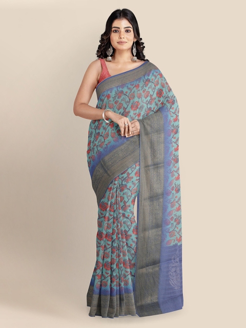 KLM Fashion Mall Turquoise Blue Cotton Blend Printed Banarasi Saree