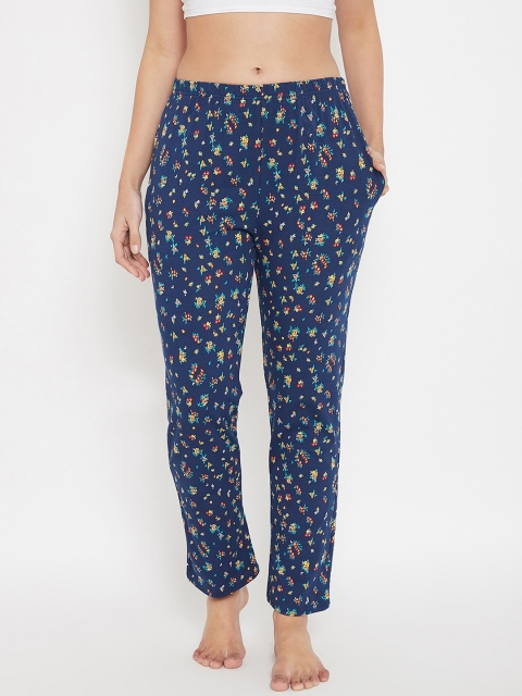 Clovia Women Blue & Yellow Floral Printed Cotton Lounge Pants