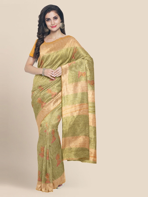 KLM Fashion Mall Olive Green Jute Silk Printed Banarasi Saree