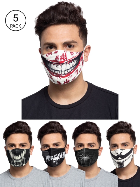 TREEMODA Men Pack of 5 Printed 3-Ply Reusable Cloth Masks, Black