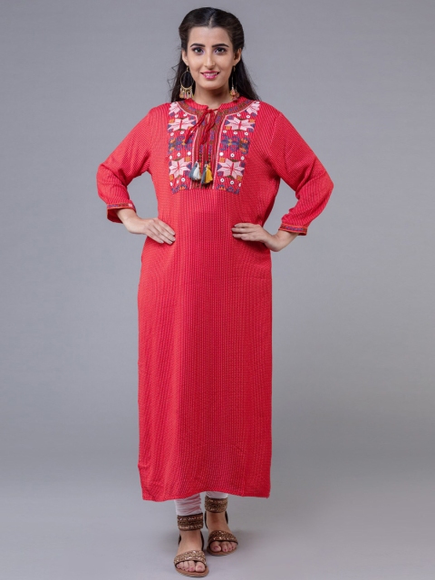 KLM Fashion Mall Women Red & White Floral Embroidered Key Hole Neck Kurta