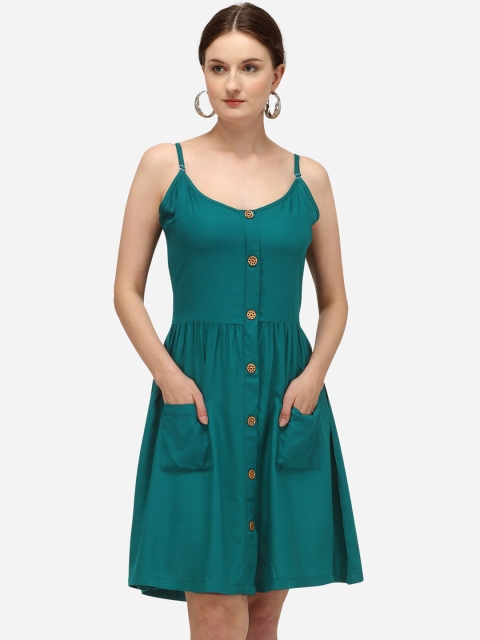 Yuvraah Women Teal Solid A-Line Dress