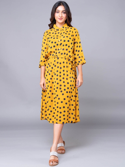 KLM Fashion Mall Women Yellow & Black Polka Dot Printed Shirt Dress