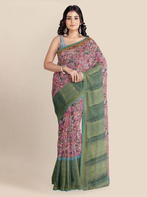 KLM Fashion Mall Multicoloured Cotton Blend Floral Printed Banarasi Saree, Multi