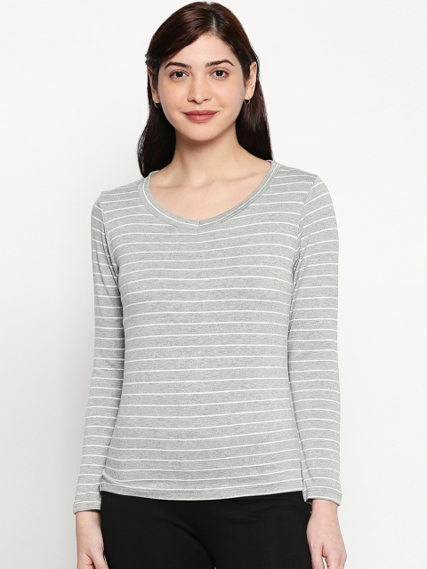 inocenCia Women Grey Striped V-Neck T-shirt