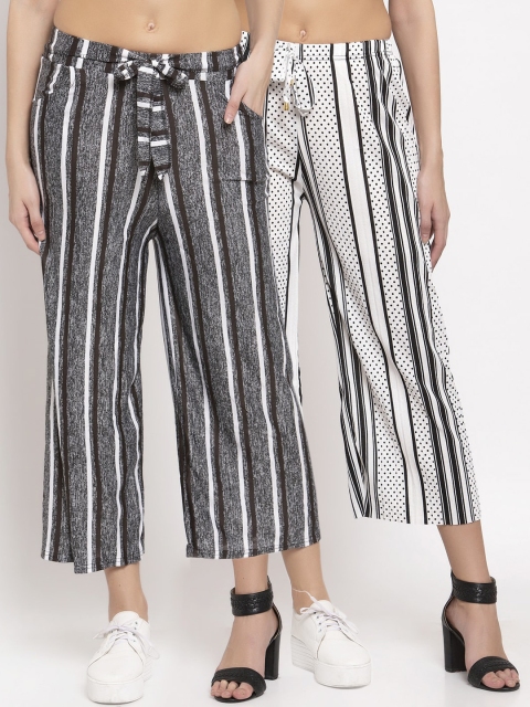 KLOTTHE Women Pack of 2 White & Grey Striped Wide Leg Palazzos
