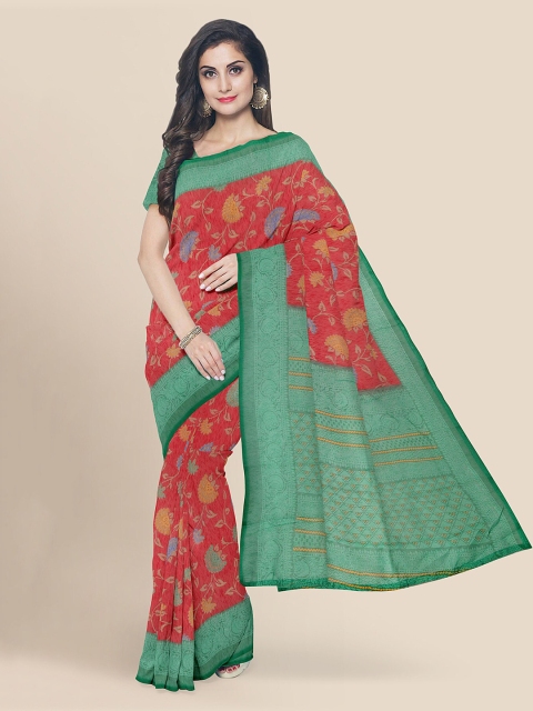 KLM Fashion Mall Red & Green Jute Cotton Printed Banarasi Saree
