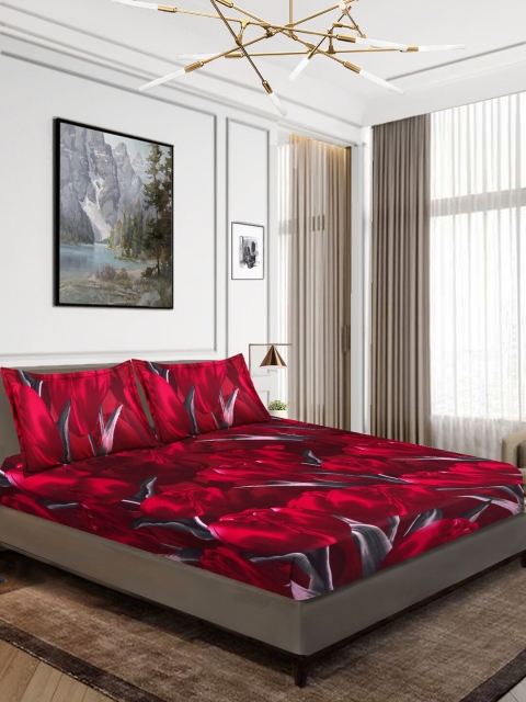Aura Maroon & Black Floral 160 TC Polyester 1 Queen Bedsheet with 2 Pillow Covers