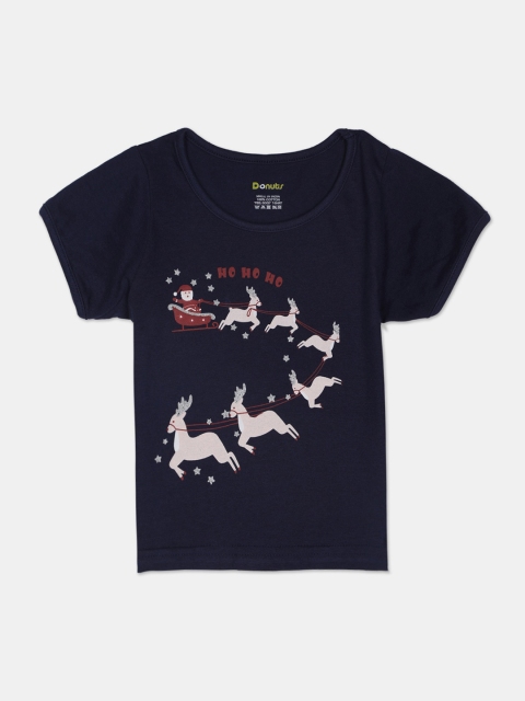 Donuts Girls Navy Blue Printed V-Neck T-shirt