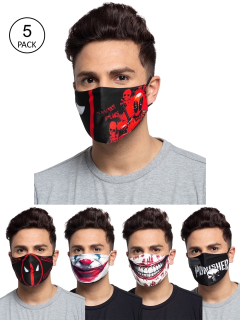 TREEMODA Men Pack Of 5 Printed 3-Ply Reusable Cloth Masks, Black