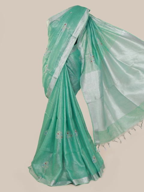 Pothys Green Embroidered Linen Blend Saree