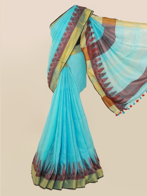 Pothys Blue Solid Linen Blend Saree