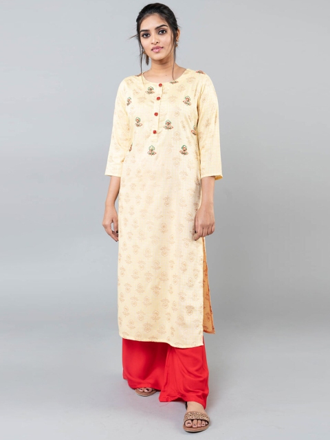 KLM Fashion Mall Women Cream-Coloured & Red Floral Printed Thread Work Kurta