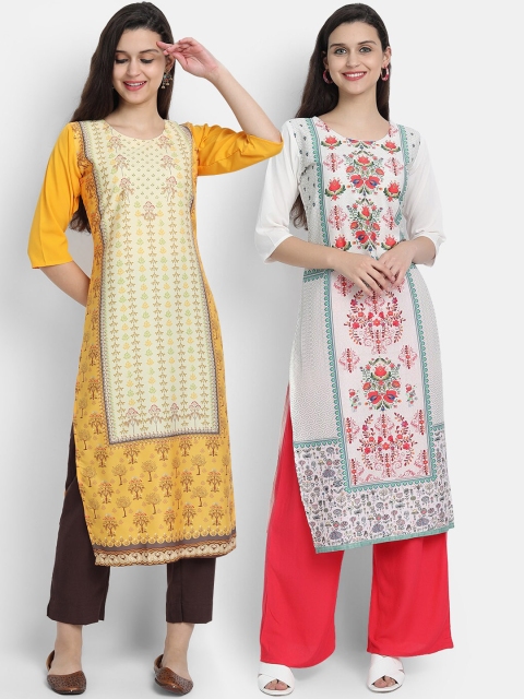 7threads women Pack Of 2 yellow & grey ethnic motifs printed floral crepe kurta