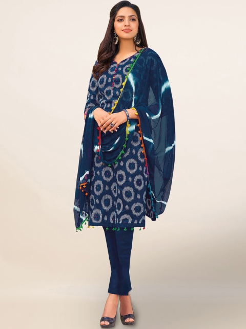 Pothys Navy Blue & Grey Cotton Blend Unstitched Dress Material