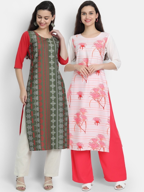 7threads women Pack Of 2 white & pink ethnic motifs crepe kurta