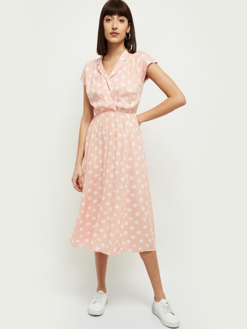 max Women Pink & White Printed Fit & Flare Dress