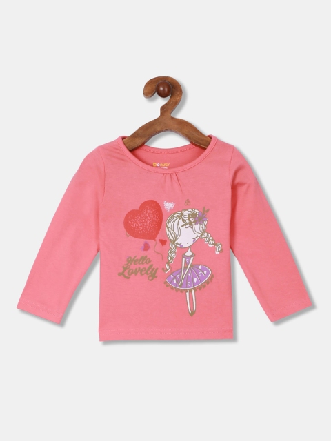 Donuts Girls Pink Printed Henley Neck T-shirt