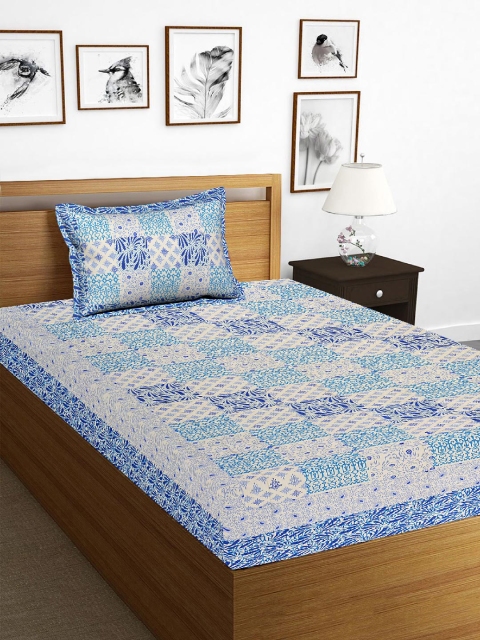 Tistabene Blue & Cream-Coloured Abstract 180 TC Cotton 1 Single Bedsheet & 1 Pillow Cover