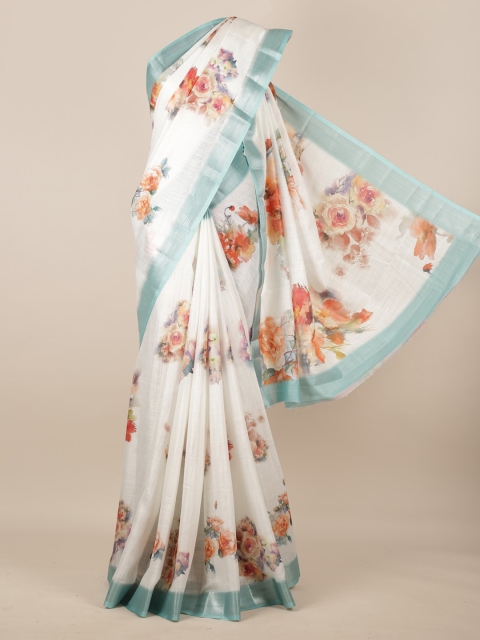 Pothys White & Red Linen Blend Printed Saree