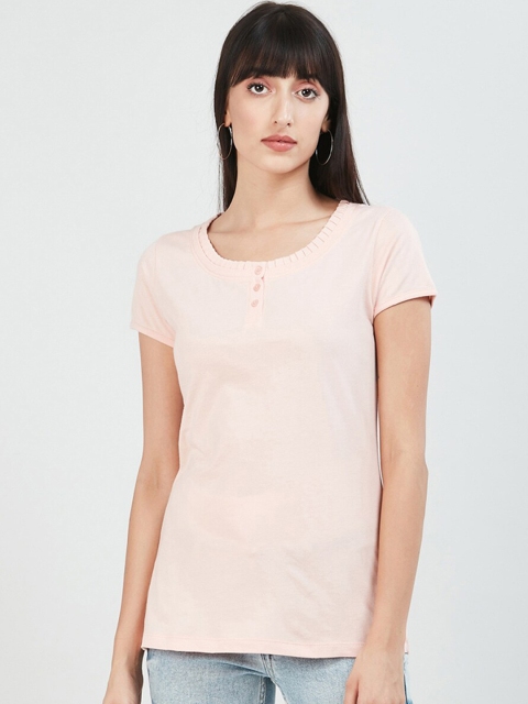 max Women Peach-Coloured Solid Henley Neck T-shirt
