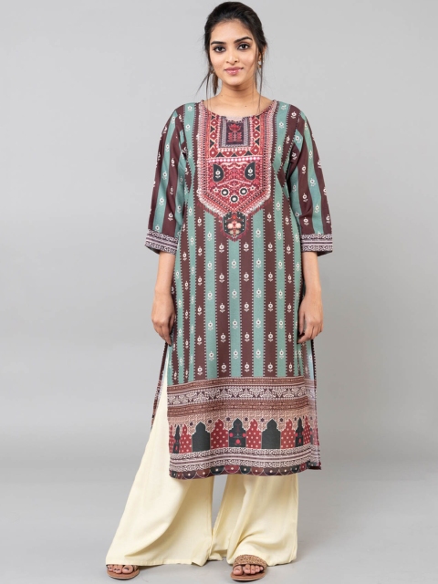 KLM Fashion Mall Women Green & Pink Ethnic Motifs Printed Georgette Kurta