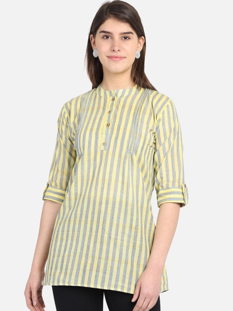 Sahora Yellow & Grey Striped Mandarin Collar Handloom Roll-Up Sleeves Top