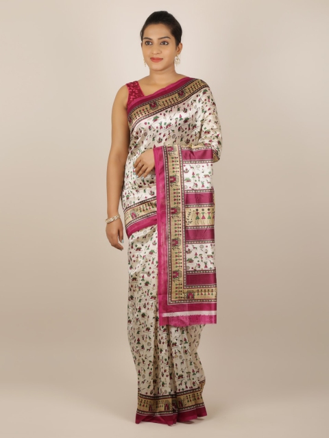 Pothys Cream-Coloured & Pink Jute Silk Printed Saree