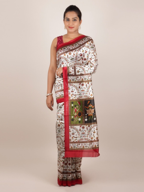 Pothys Cream-Coloured Printed Jute Silk Saree