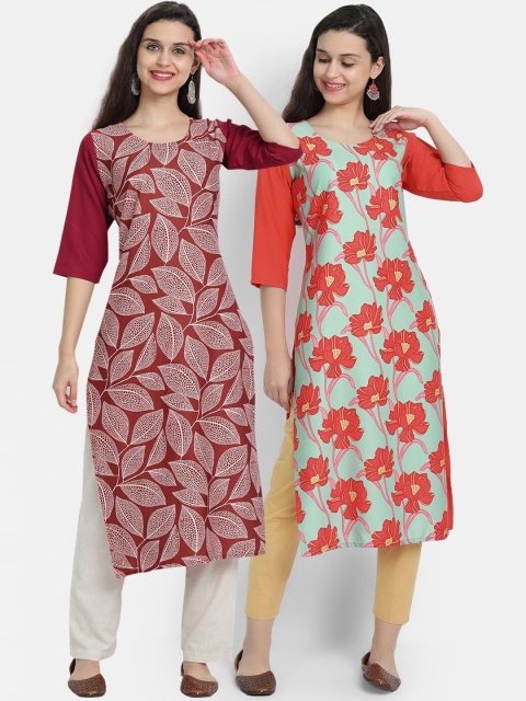 7threads women Pack Of 2 maroon & orange floral printed crepe kurta