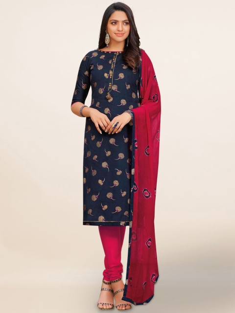 Pothys Navy Blue & Pink Cotton Blend Unstitched Dress Material