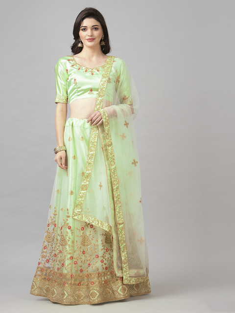 Satrani Green & Pink Embroidered Semi-Stitched Lehenga & Unstitched Blouse with Dupatta 
Satrani Green & Pink Embroidered Semi-Stitched Lehenga & Unstitched Blouse with Dupatta