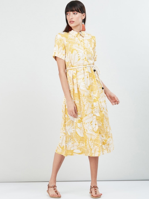 max Women Yellow & White Floral Print Shirt Dress