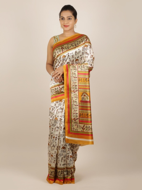 Pothys Cream-Coloured Printed Jute Silk Saree
