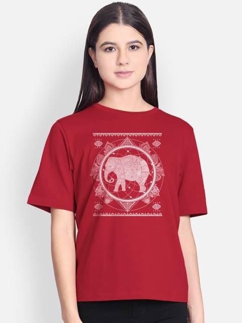 Free Authority Women Red Generic Featured Printed Round Neck Cotton T-shirt