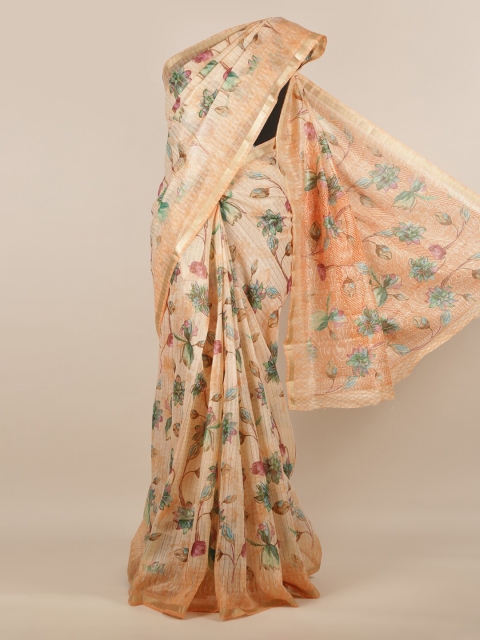 Pothys Peach-Coloured & Green Jute Silk Woven Design Saree
