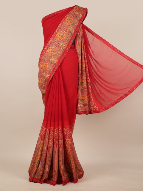 Pothys Red Solid Poly Chiffon Saree