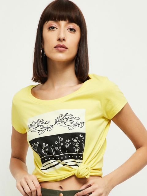 max Women Yellow Printed Round Neck T-shirt