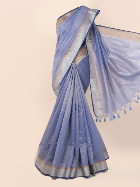 Pothys Lavender & Silver-Toned Tissue Solid Saree With Tasseled Pallu