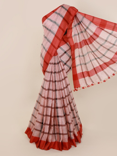 Pothys Peach-Coloured Checked Linen Blend Saree