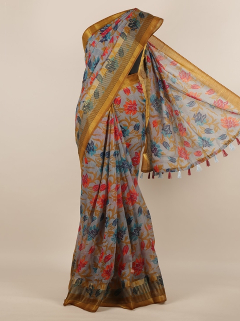 Pothys Grey & Mustard Jute Silk Printed Saree
