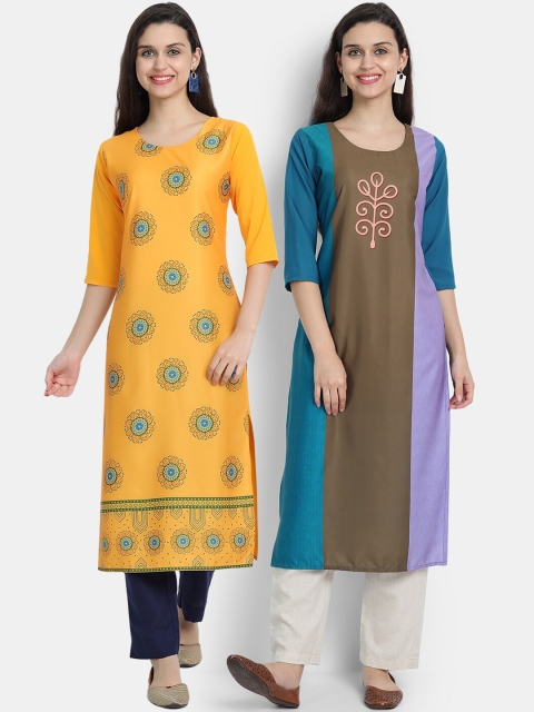 7threads women Pack Of 2 yellow & blue floral printed crepe kurta