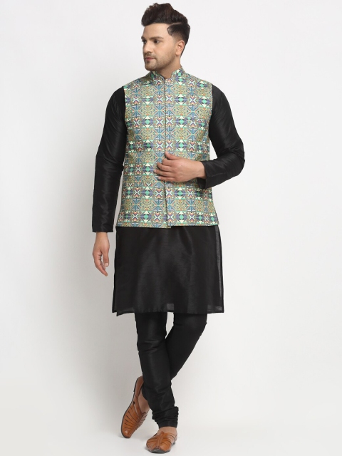 Benstoke Men Black & Sea Green Solid Kurta with Pyjamas & Waistcoat