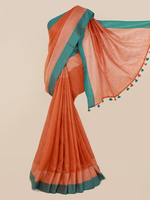 Pothys Orange & Green Linen Blend Solid Saree