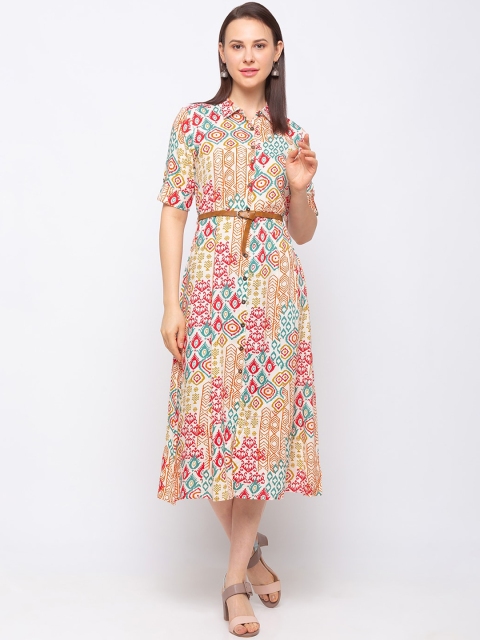 Ethnicity Women Beige Printed Shirt Dress