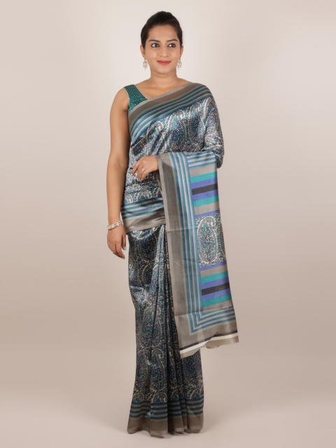 Pothys Blue Printed Jute Silk Saree